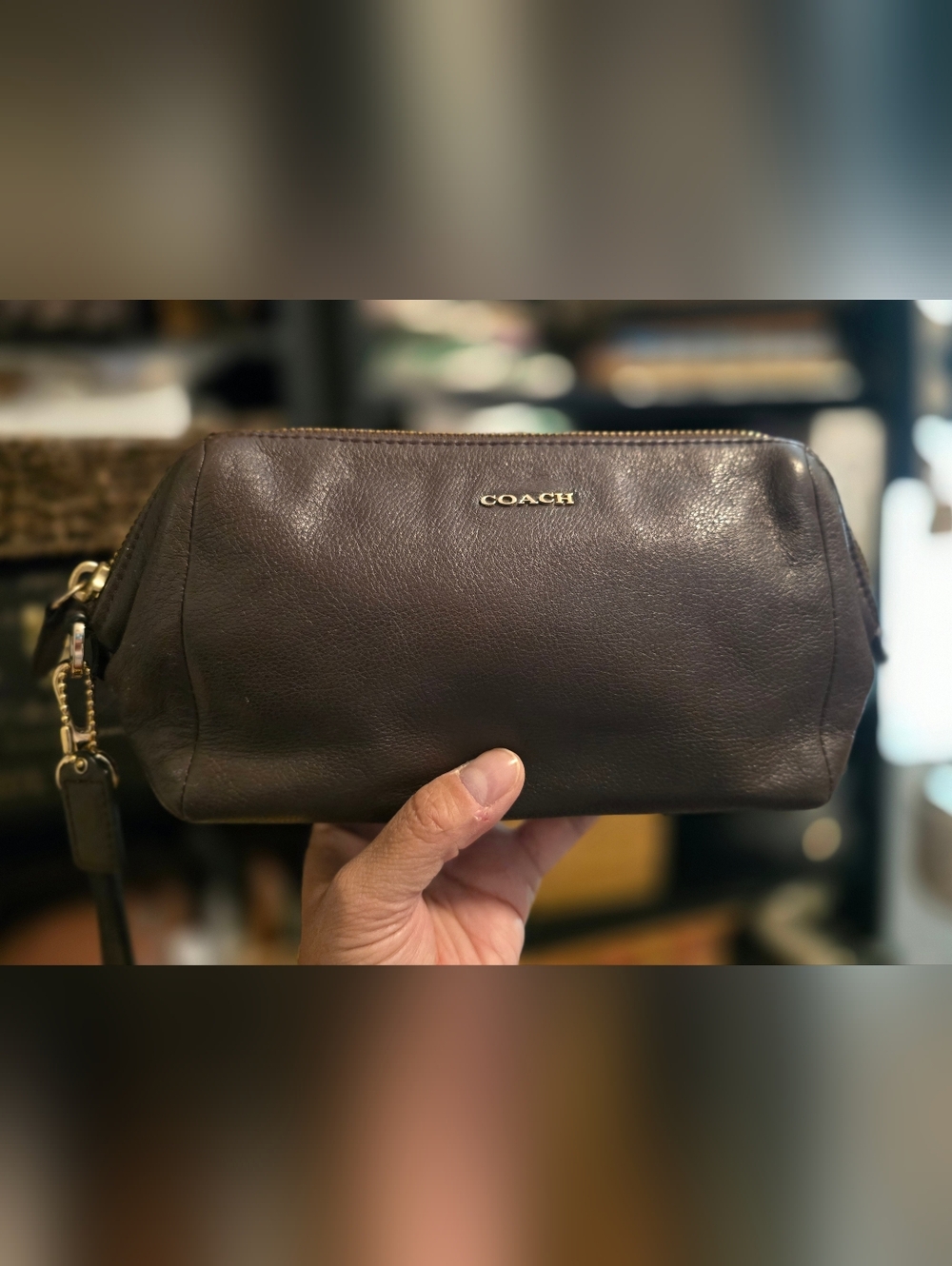 Coach Brown Leather Wristlet Pouch Clutch with Gold Accents